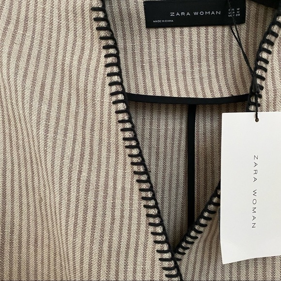 Zara Woman Stripe Wrap Dress Coat Sz Med Belted Linen Fringe Hem Roll Up Sleeves - Picture 11 of 14